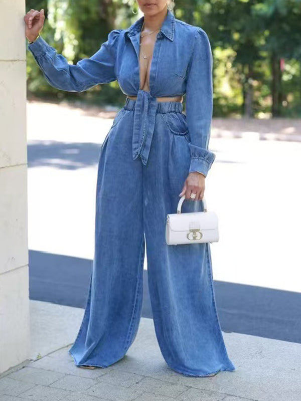 Indiebeautie Denim Tied Shirt & Wide-Leg Pants Set