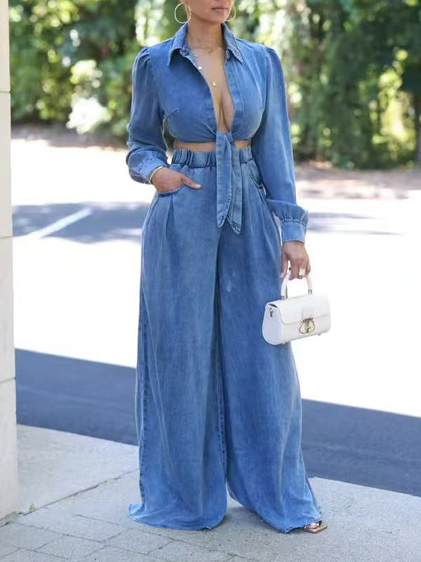 Indiebeautie Denim Tied Shirt & Wide-Leg Pants Set