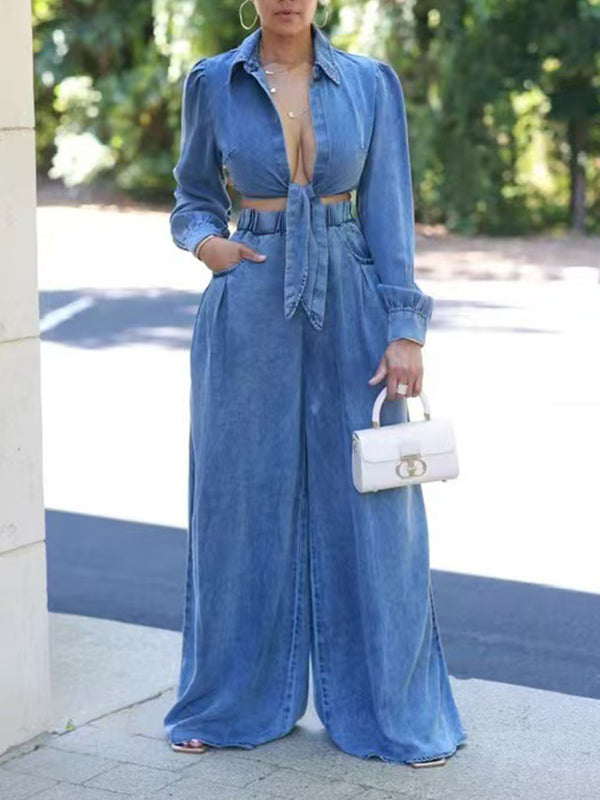 Indiebeautie Denim Tied Shirt & Wide-Leg Pants Set