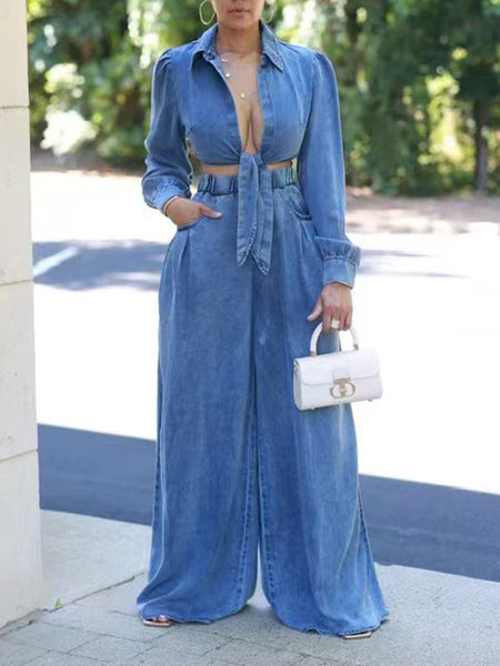 Indiebeautie Denim Tied Shirt & Wide-Leg Pants Set
