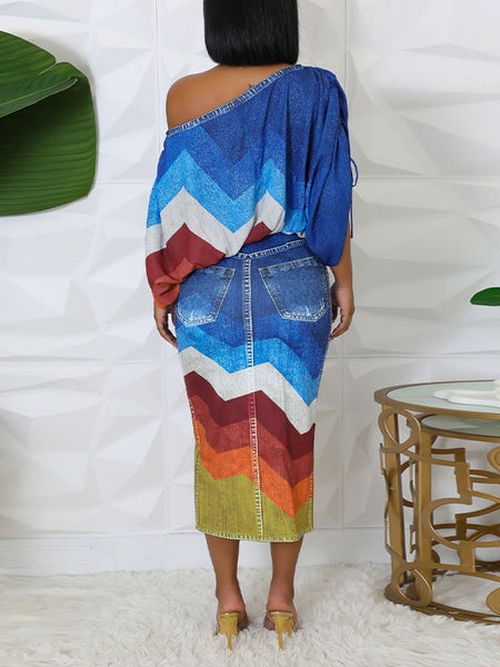 Indiebeautie Printed Boat-Neck Top & Skirt Set