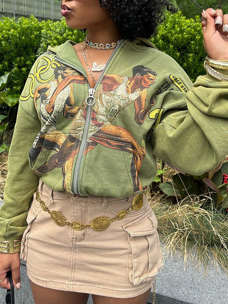 Printed Zip-Front Hoodie