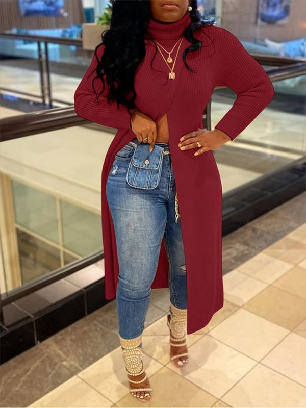 Indiebeautie Knit Turtleneck Slit Tunic Top