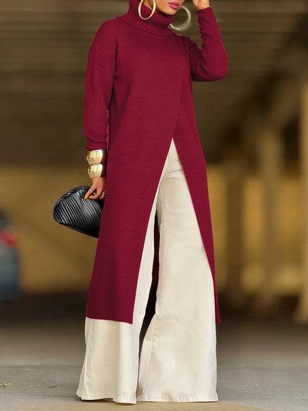 Indiebeautie Knit Turtleneck Slit Tunic Top