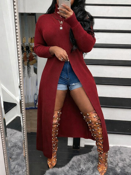 Indiebeautie Knit Turtleneck Slit Tunic Top