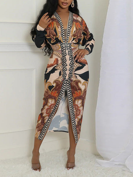Printed V-Neck Ruched Dress--Clearance