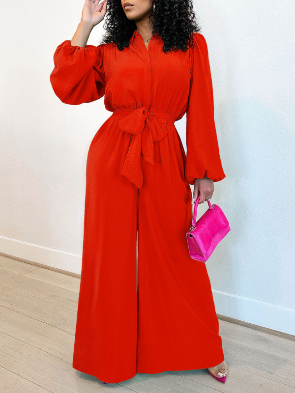 Solid Button-Front Tied Jumpsuit--Clearance