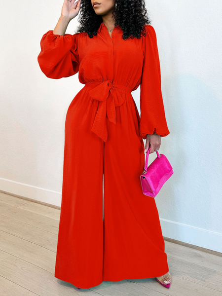 Solid Button-Front Tied Jumpsuit--Clearance