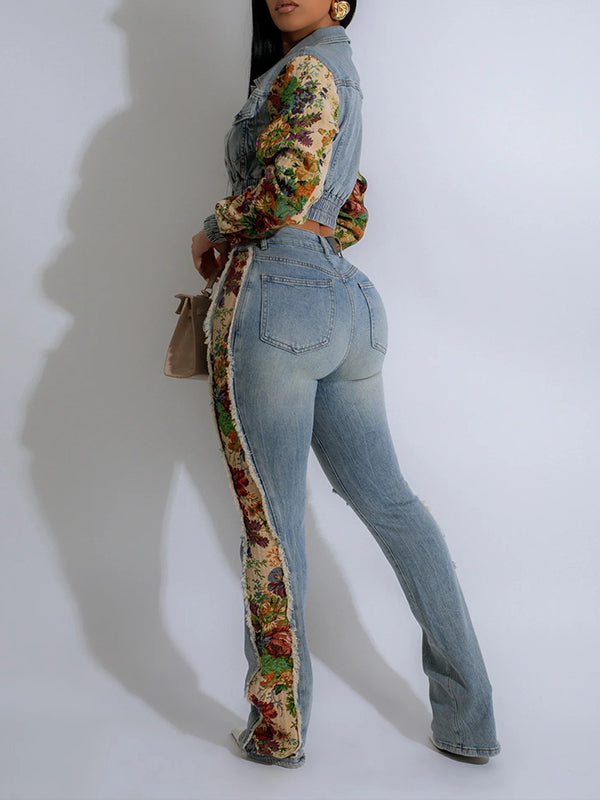 Indiebeautie Printed Combo Denim Jacket & Pants Set