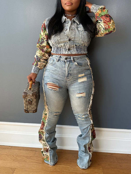 Indiebeautie Printed Combo Denim Jacket & Pants Set