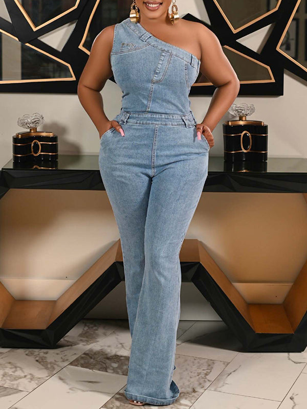 Indiebeautie One-Shoulder Denim Jumpsuit