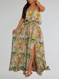 Printed Strapless Slit Dress