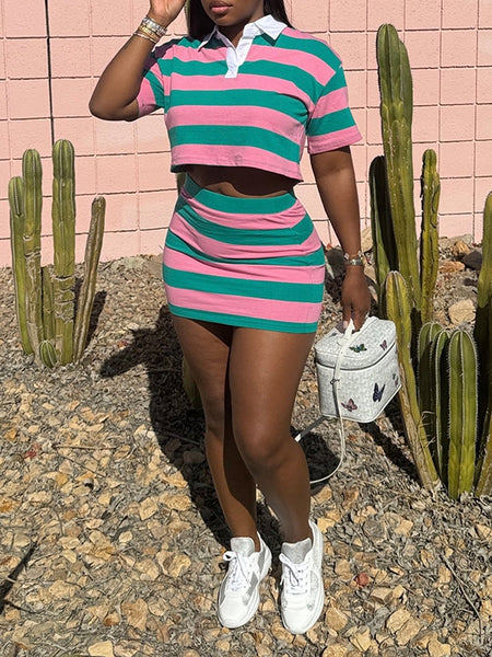 Indiebeautie Stripe Polo Tee & Skirt Set