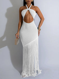 Fringe Combo Halter Maxi Dress