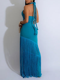 Fringe Combo Halter Maxi Dress