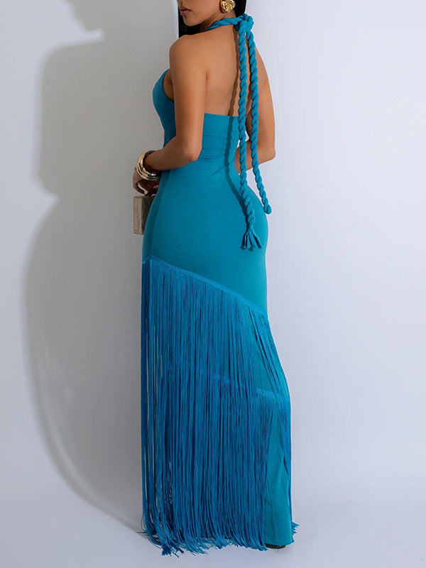 Fringe Combo Halter Maxi Dress