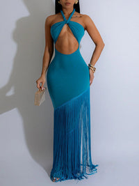Fringe Combo Halter Maxi Dress