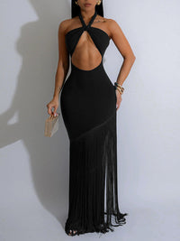 Fringe Combo Halter Maxi Dress