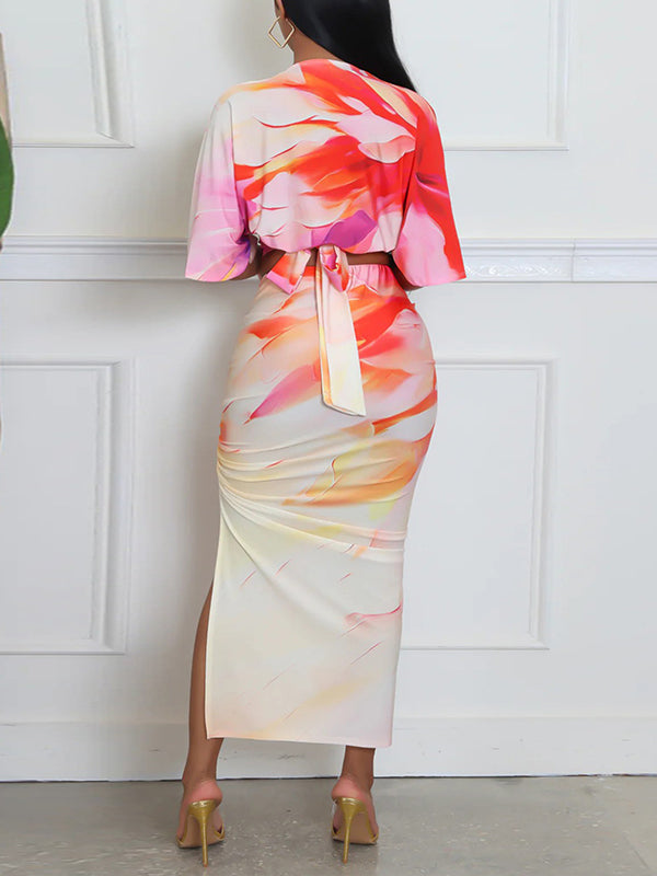 Indiebeautie Printed Tied Top & Slit Skirt Set