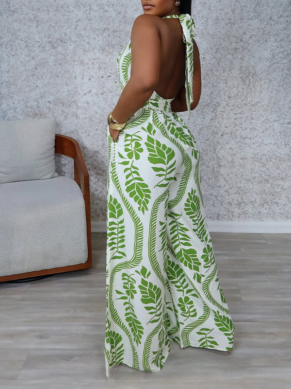 Indiebeautie Printed Halter Wide-Leg Jumpsuit