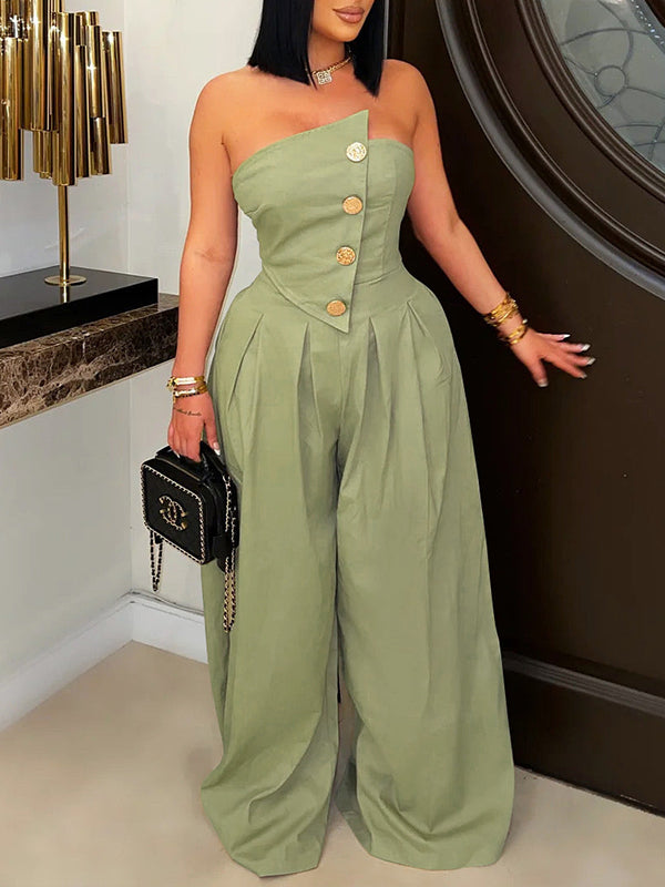 Indiebeautie Strapless Button Wide-Leg Jumpsuit