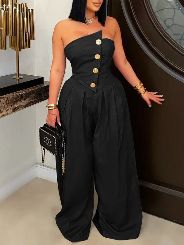 Indiebeautie Strapless Button Wide-Leg Jumpsuit
