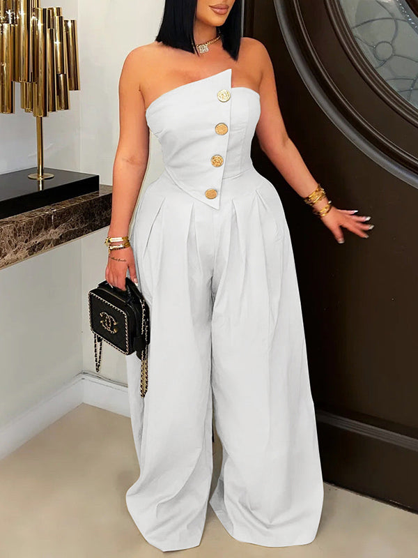 Indiebeautie Strapless Button Wide-Leg Jumpsuit