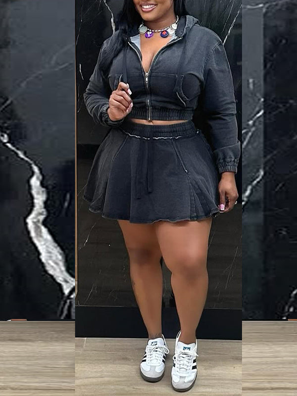 Indiebeautie Denim Zip Hoodie & Skirt Set