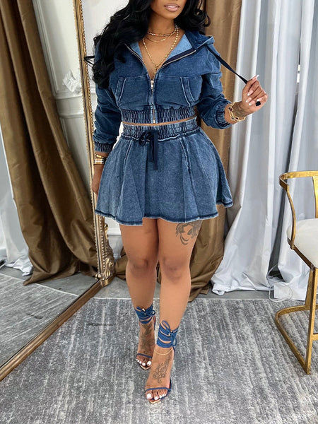 Indiebeautie Denim Zip Hoodie & Skirt Set