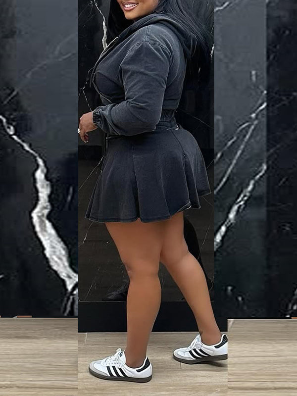 Indiebeautie Denim Zip Hoodie & Skirt Set