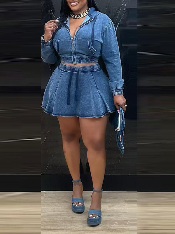 Indiebeautie Denim Zip Hoodie & Skirt Set