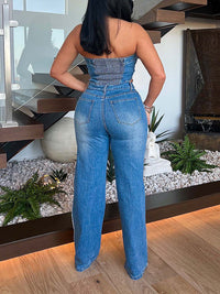 Button-Front Strapless Denim Jumpsuit
