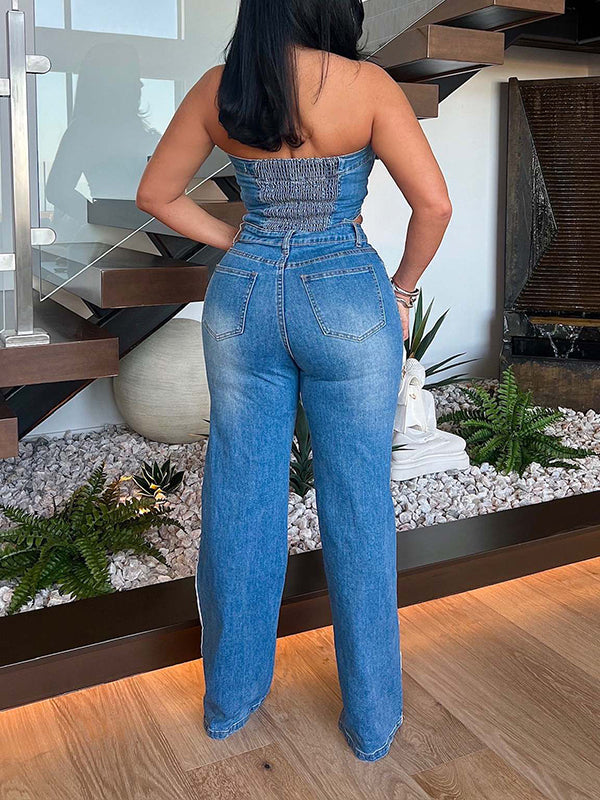 Button-Front Strapless Denim Jumpsuit