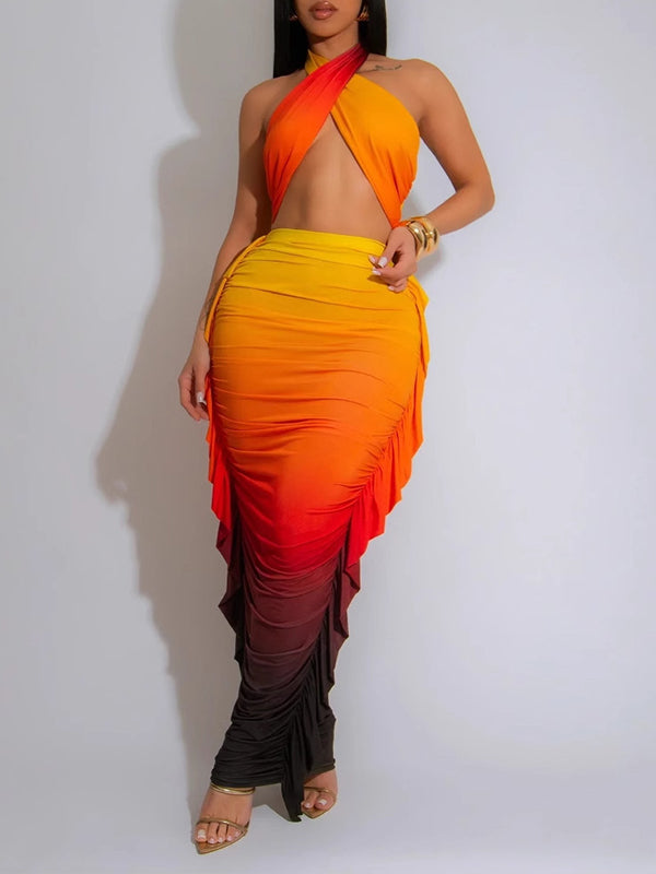 Indiebeautie Ombre Halter Top & Fringe Skirt Set
