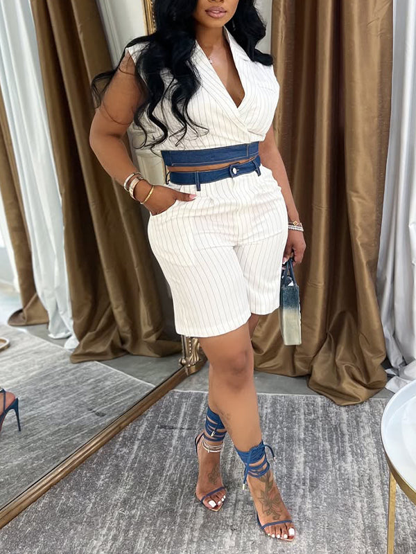 Denim Combo Stripe Vest & Shorts Set--Clearance