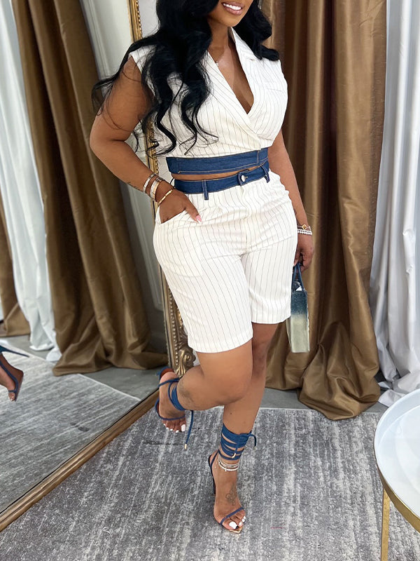 Denim Combo Stripe Vest & Shorts Set--Clearance
