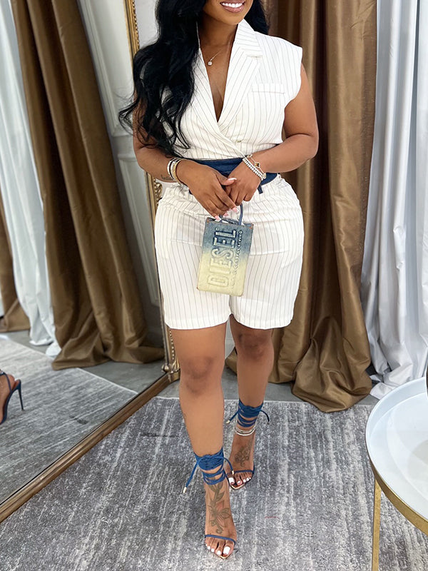 Denim Combo Stripe Vest & Shorts Set--Clearance