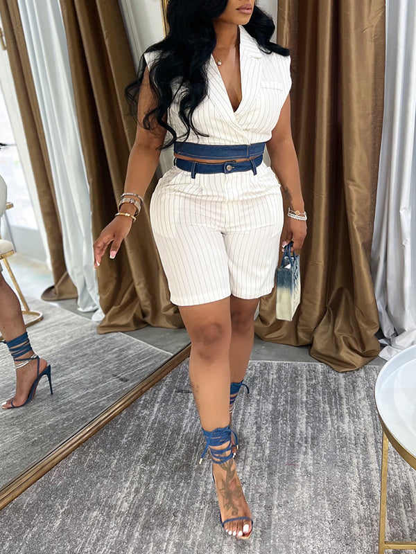 Denim Combo Stripe Vest & Shorts Set--Clearance