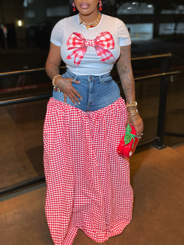 Denim-Combo Wide-Leg Pants