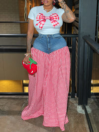 Denim-Combo Wide-Leg Pants