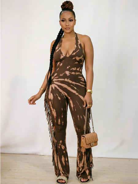 Printed Fringe Halter Jumpsuit