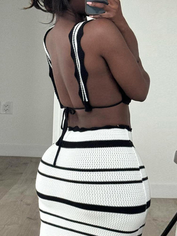 Stripe Knit Bandeau Top & Skirt Set