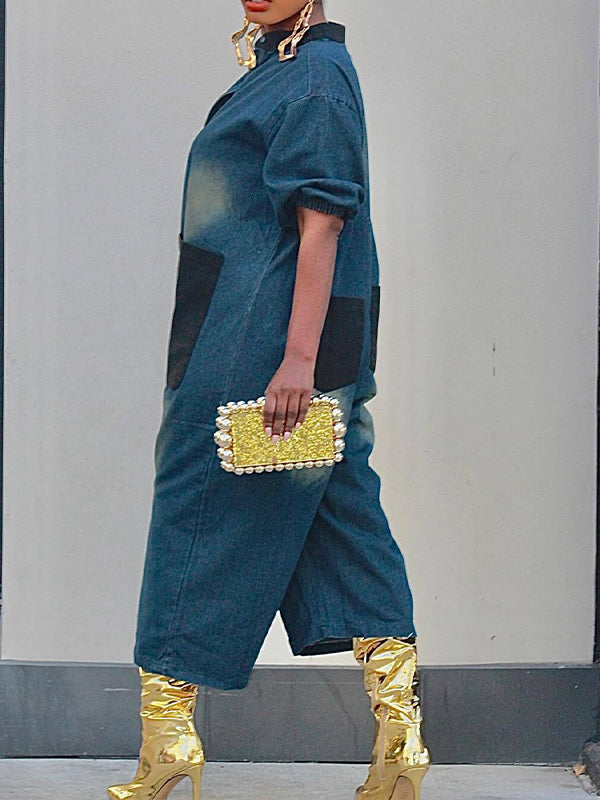 Denim Button-Front Cargo Jumpsuit