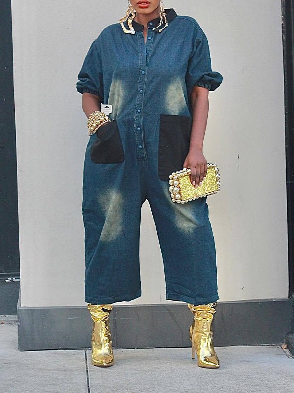 Denim Button-Front Cargo Jumpsuit