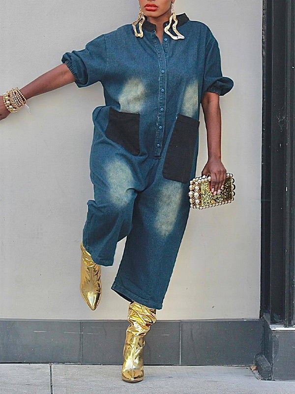 Denim Button-Front Cargo Jumpsuit
