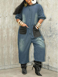 Denim Button-Front Cargo Jumpsuit