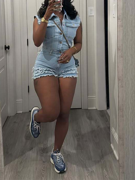 Indiebeautie Button-Front Sleeveless Denim Romper