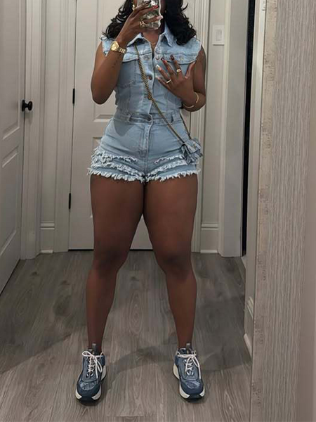 Indiebeautie Button-Front Sleeveless Denim Romper
