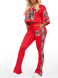 Printed V-Neck Tee & Side-Stripe Pants Set