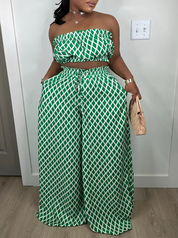 Printed Bandeau Top & Wide-Leg Pants Set
